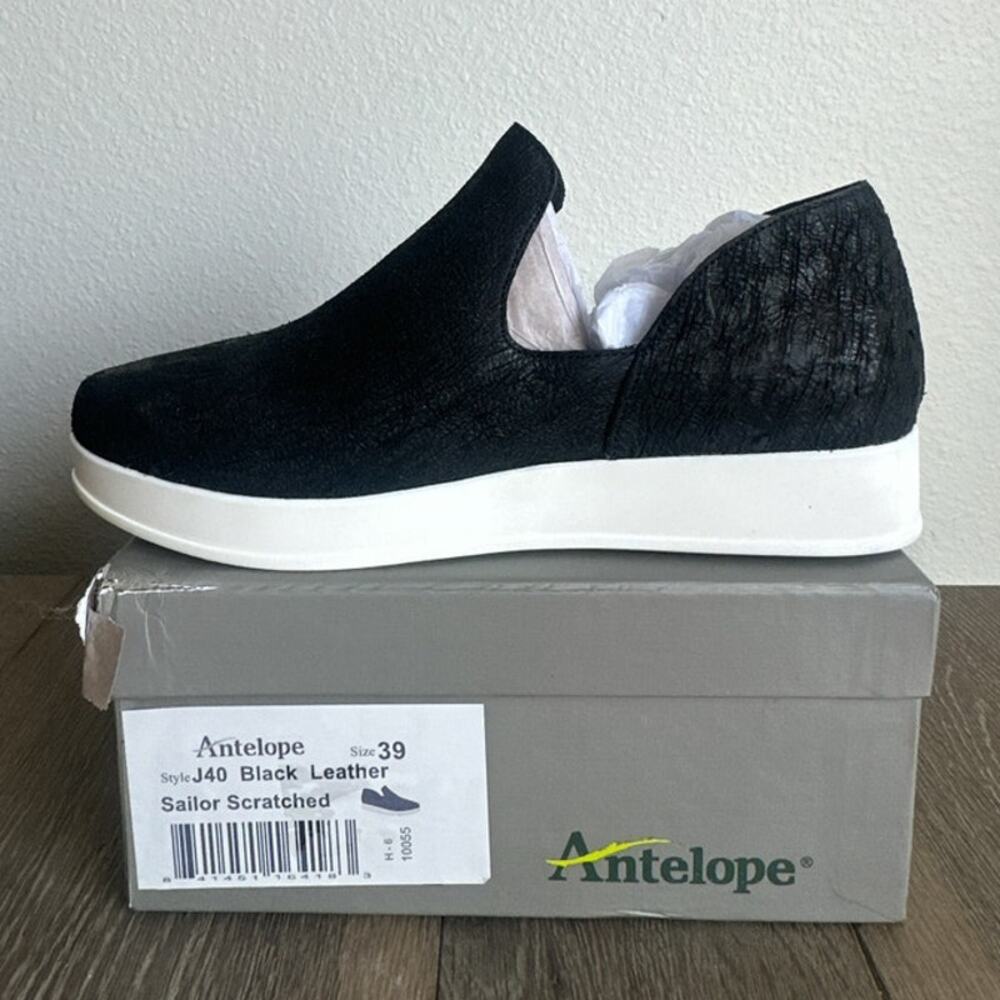 Antelope Sailor Scratched Black Leather Platform Slip On Sneaker Women's Size 8